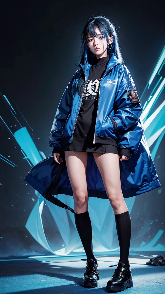 (Highest quality:1.2)。One Woman。Angry expression。(Wearing a blue jacket cyberpunk)。(blue eyes) ,。The background is a black。(black shoes) , (full face) , (full body)