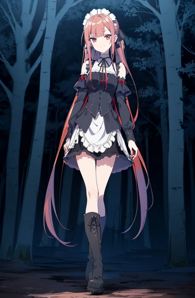 [(dark forest background:1.4)::5],original,(illustration:1.1),(best quality),(masterpiece:1.1),(extremely detailed CG unity 8k wallpaper:1.1), (colorful:0.9),(mid shot:0.95),(full body:1.5),Dynamic angle,(solo:1.2), (girl),((adult)), (detailed beautiful eyes:1.15), (beautiful face:1.15), (glowing red eyes:1.25////),((red medium hair)),(blunt bangs),(high twintails),(+perfect hand+:1.21),(Draw an illustration of a gothic girl),(Religious),(slender),(is wearing boots on her feet),((is wearing white maid clothes)),(furious), Lace Off-shoulder lolita fashion,beautiful slender woman,((evil smile)),adult,thin legs,((red hair)),((mini skirt)),((mini skirt)),((black boots)),((black boots)),((black boots)),dynamic angle,dynamic pose,