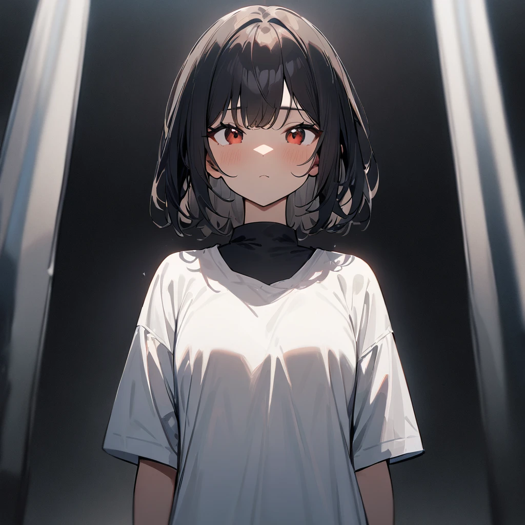 1 girl,upper body,black hair,stand,straight-on,red and blackeyes,masterpiece, best quality, very aesthetic, absurdres,shirt