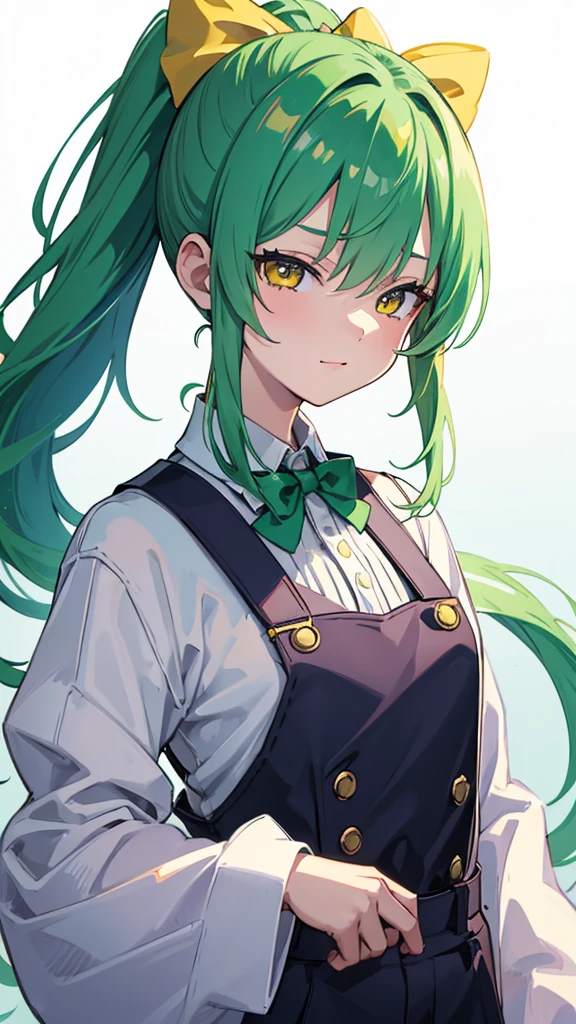 upper body,1girl,green hair,yellow eyes,long ponytail,white suit,green overalls,Purple bow tie,detailed face,mesugaki,hyper detailed,cinematic lighting,best quality,masterpiece,blue background