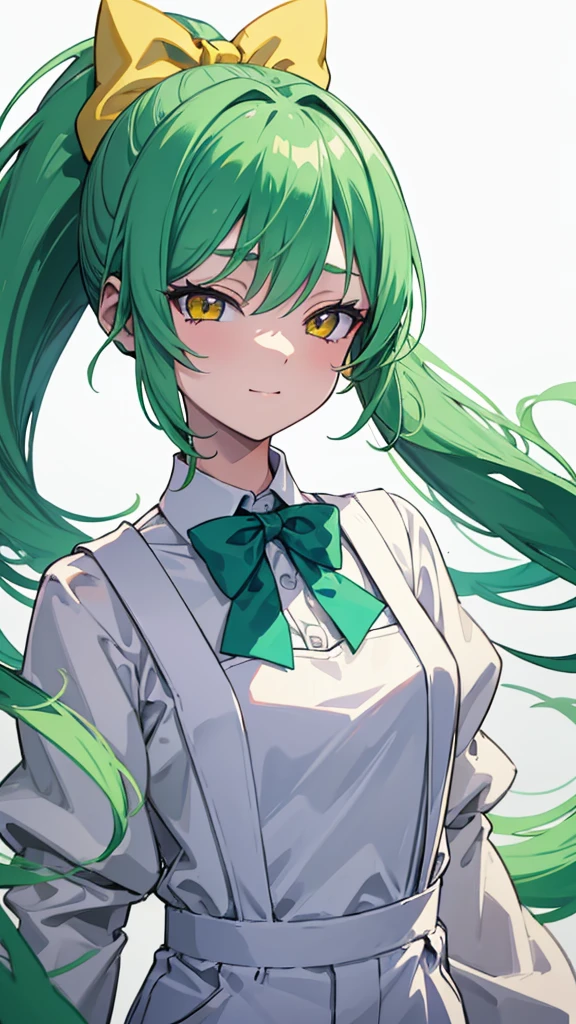 upper body,1girl,green hair,yellow eyes,long ponytail,white suit,green overalls,Purple bow tie,detailed face,mesugaki,hyper detailed,cinematic lighting,best quality,masterpiece,blue background