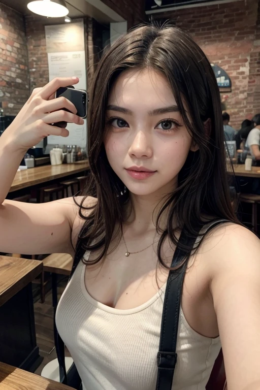same model, taking a selfie, in a coffee shop