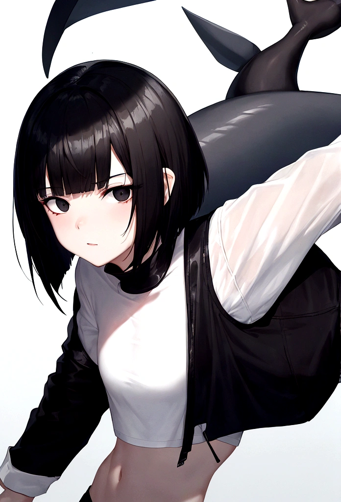 Short black hair with Bangs, white shirt and black shorts, black eyes, pale skin, a big shark tail, icon