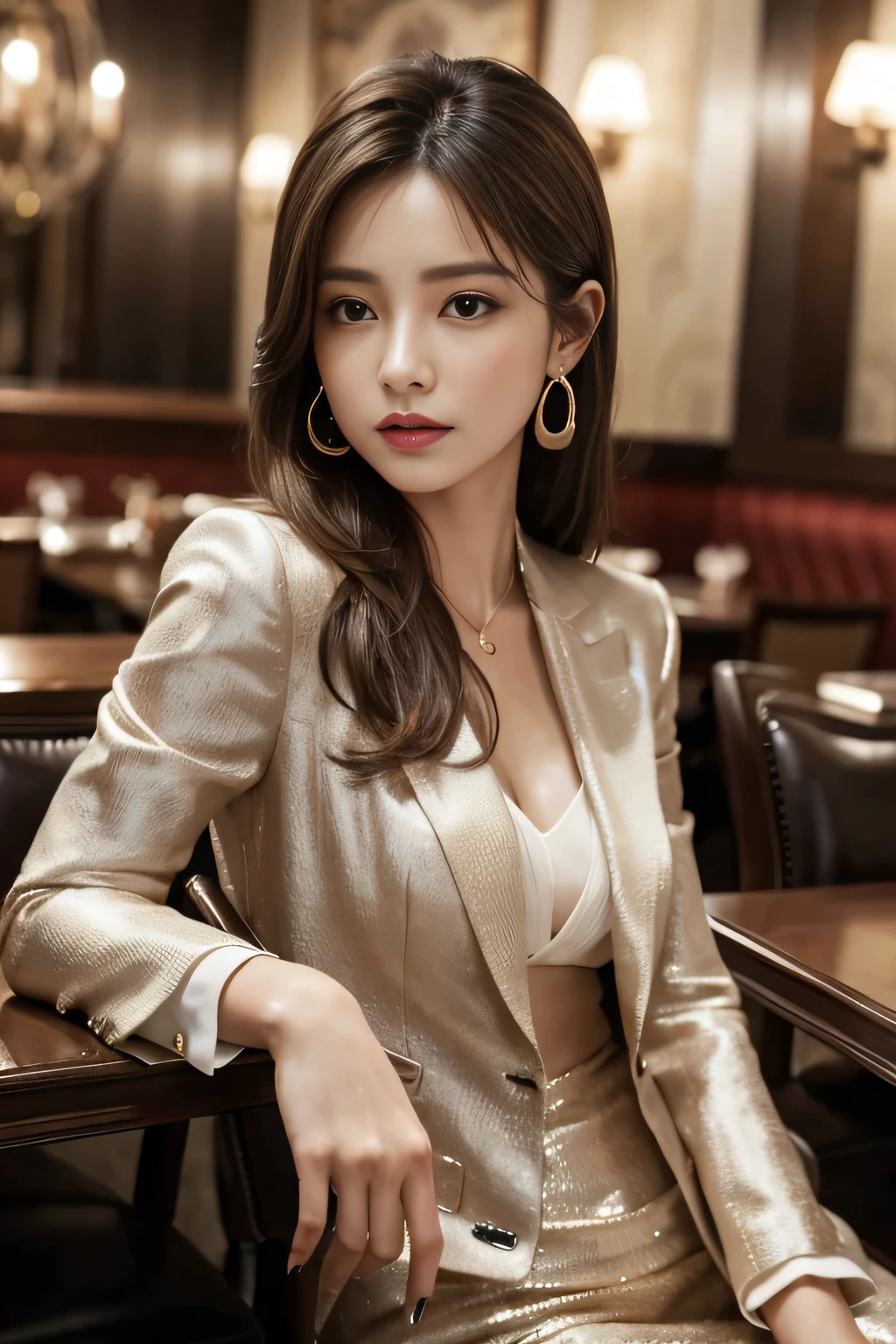 masterpiece, Highest quality, Realistic, Very detailed, Finer details, High resolution, 8k wallpaper, One beautiful woman, Wear a nice suit, In a great restaurant, At night, Light brown messy hair, Perfect dynamic composition, Beautiful and beautiful eyes、Big earrings、Sit on a chair、