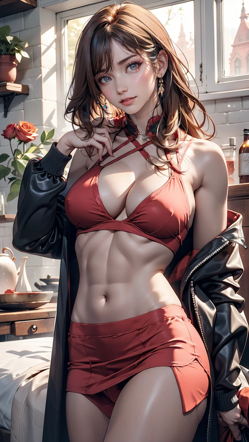 summer, desert, Pink Cloud, A land of roses, James Gurney, Art Station Rendering, Ultra-wide-angle lens, High resolution、24-year-old female、Silver Hair、Semi-long hair、hair band、Orange inner color、Sexy proportions、Underboob Top((underboob top))、Underboob exposure、Navel exposed、Low rise leggings、Stiletto heels、Rose tattoo on shoulder and back of hand、Sexy、Narrow waist