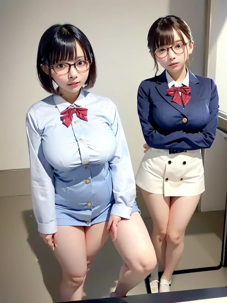 Highest quality、masterpiece、、Very detailed、Realistic、(Two Girls)、(Looking at me with a mischievous smile)、whole body、Small face、Narrow shoulders、(Big Breasts:1.4)、Thin and beautiful legs、Tight and slim waist、 uniform、(Navy blue blazer jacket)、(White shirt with buttons and collar:1.2)、(Navy blue mini skirt:1.1)、(Red bow tie)、Short Hair、(Leaning forward:1.6)、Glasses