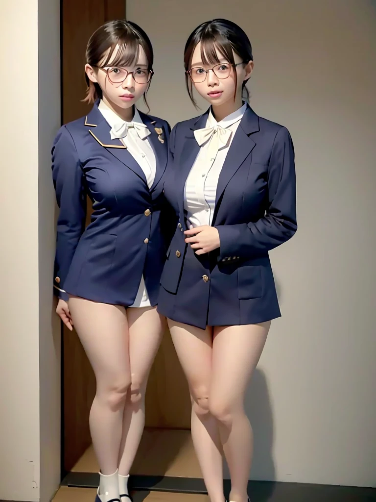 Highest quality、masterpiece、、Very detailed、Realistic、(Two Girls)、(Looking at me with a mischievous smile)、whole body、Small face、Narrow shoulders、(Big Breasts:1.4)、Thin and beautiful legs、Tight and slim waist、 uniform、(Navy blue blazer jacket)、(White shirt with buttons and collar:1.2)、(Navy blue mini skirt:1.1)、(Red bow tie)、Short Hair、(Leaning forward:1.6)、Glasses