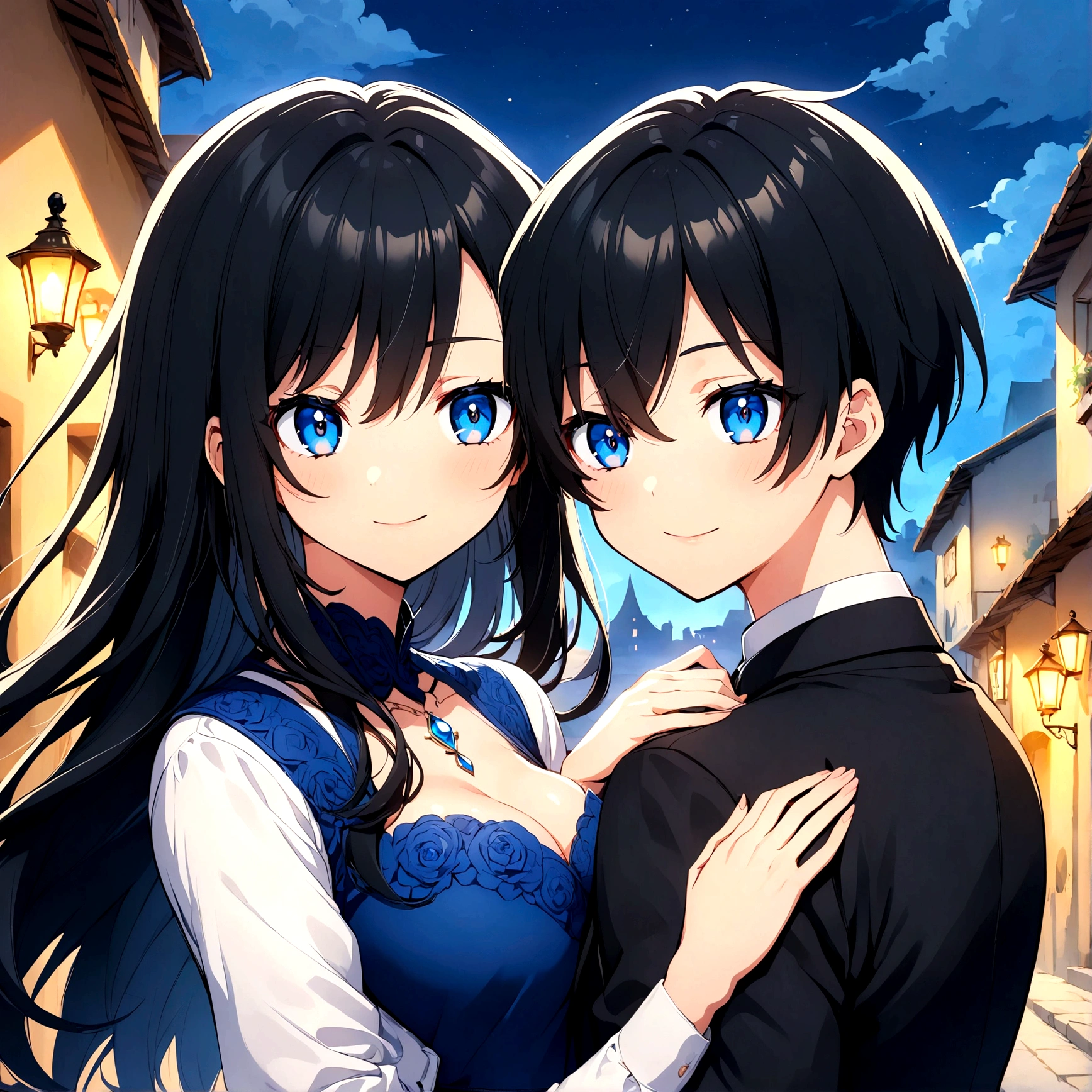 anime couple (Anime girl with long black hair and blue eyes Mystical version )y Anime boy with short black hair and blue eyes Mystical version