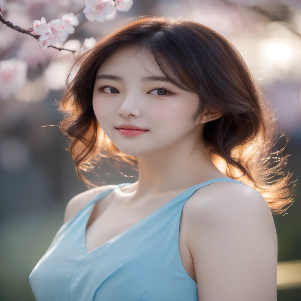 Close-up of a woman in a blue dress，She is posing for a picture, Soft portrait shots 8 k, Beautiful Korean woman, Young and beautiful Korean woman, Cute and delicate face, Young and cute Korean face, Beautiful young Korean woman, Beautiful portrait images, Beautiful and delicate face, 8k Artistic German Bokeh, by Yanjun Cheng, yanjun chengt