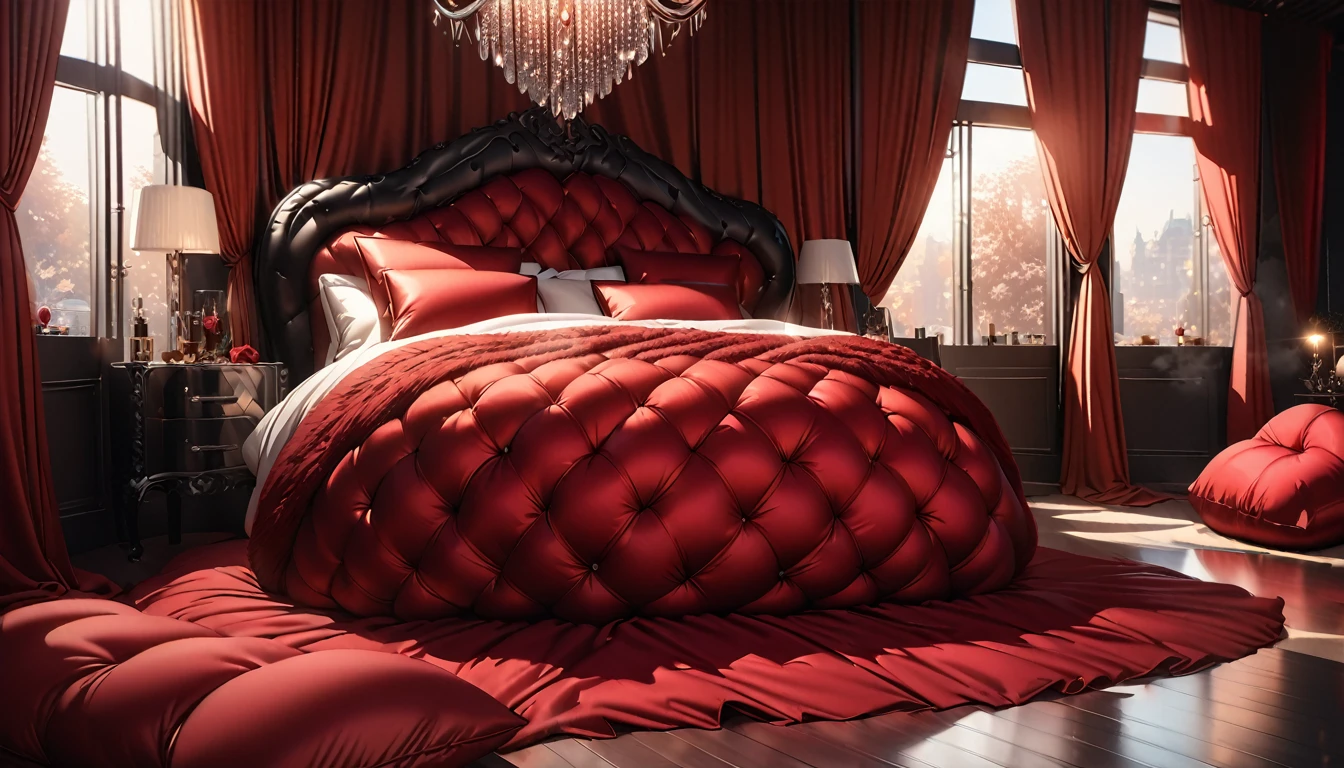 A fluffy red silk feather duvet, many huge silk body pillows, a luxurious and fluffy red silk bed, red silk sheets, 8k, best quality, high detailed, photorealistic, dramatic lighting, warm tones, luxurious, soft, plush, velvet, satin, velvety textures, elegant, sophisticated, premium, lavish, opulent, sumptuous, indulgent, exquisite, refined, lush,