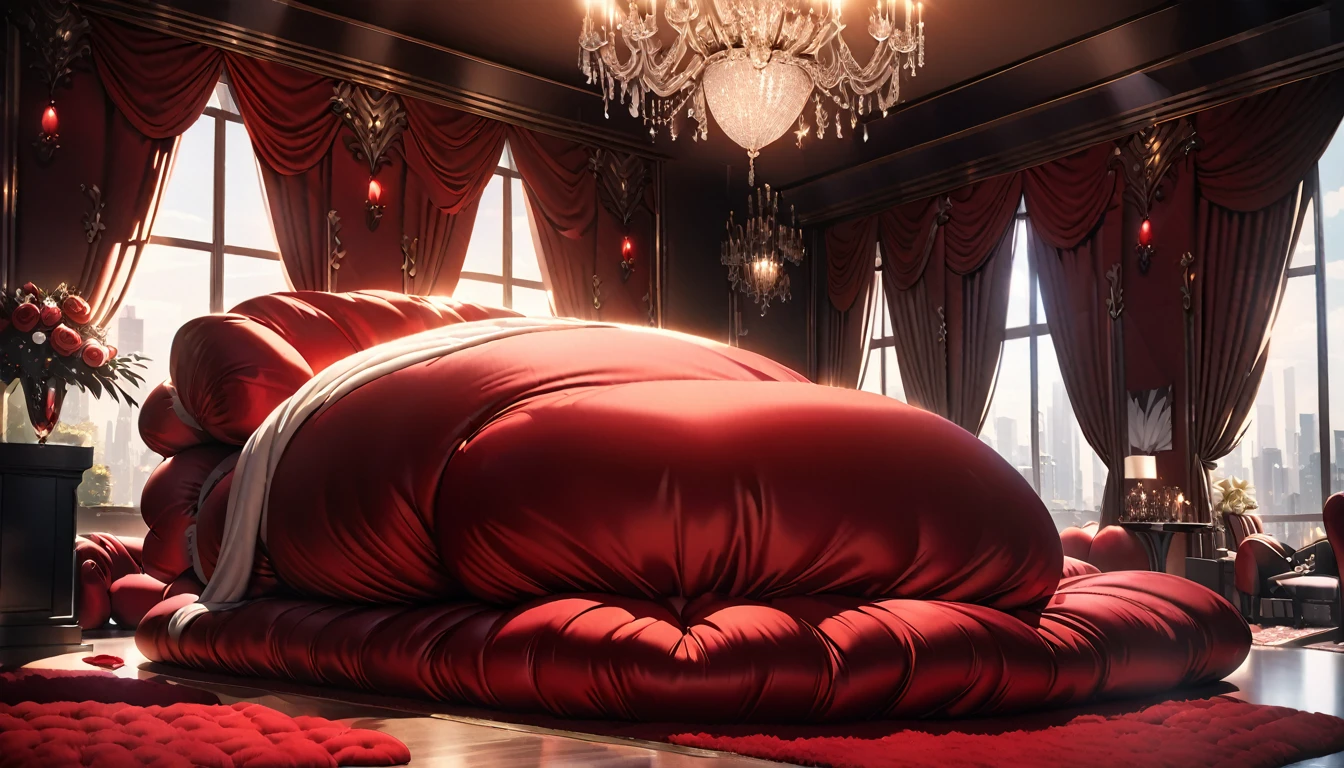 A fluffy red silk feather duvet, many huge silk body pillows, a luxurious and fluffy red silk bed, red silk sheets, 8k, best quality, high detailed, photorealistic, dramatic lighting, warm tones, luxurious, soft, plush, velvet, satin, velvety textures, elegant, sophisticated, premium, lavish, opulent, sumptuous, indulgent, exquisite, refined, lush,