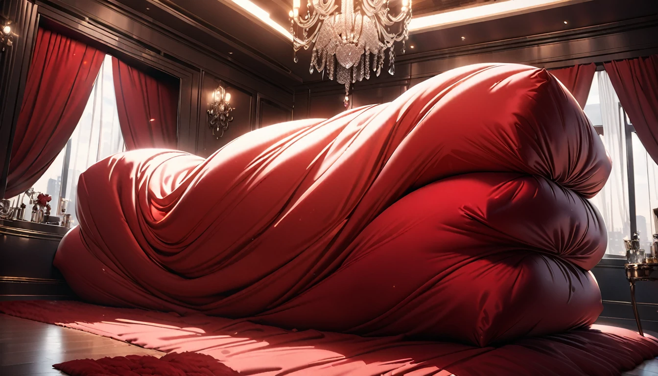 A fluffy red silk feather duvet, many huge silk body pillows, a luxurious and fluffy red silk bed, red silk sheets, 8k, best quality, high detailed, photorealistic, dramatic lighting, warm tones, luxurious, soft, plush, velvet, satin, velvety textures, elegant, sophisticated, premium, lavish, opulent, sumptuous, indulgent, exquisite, refined, lush,