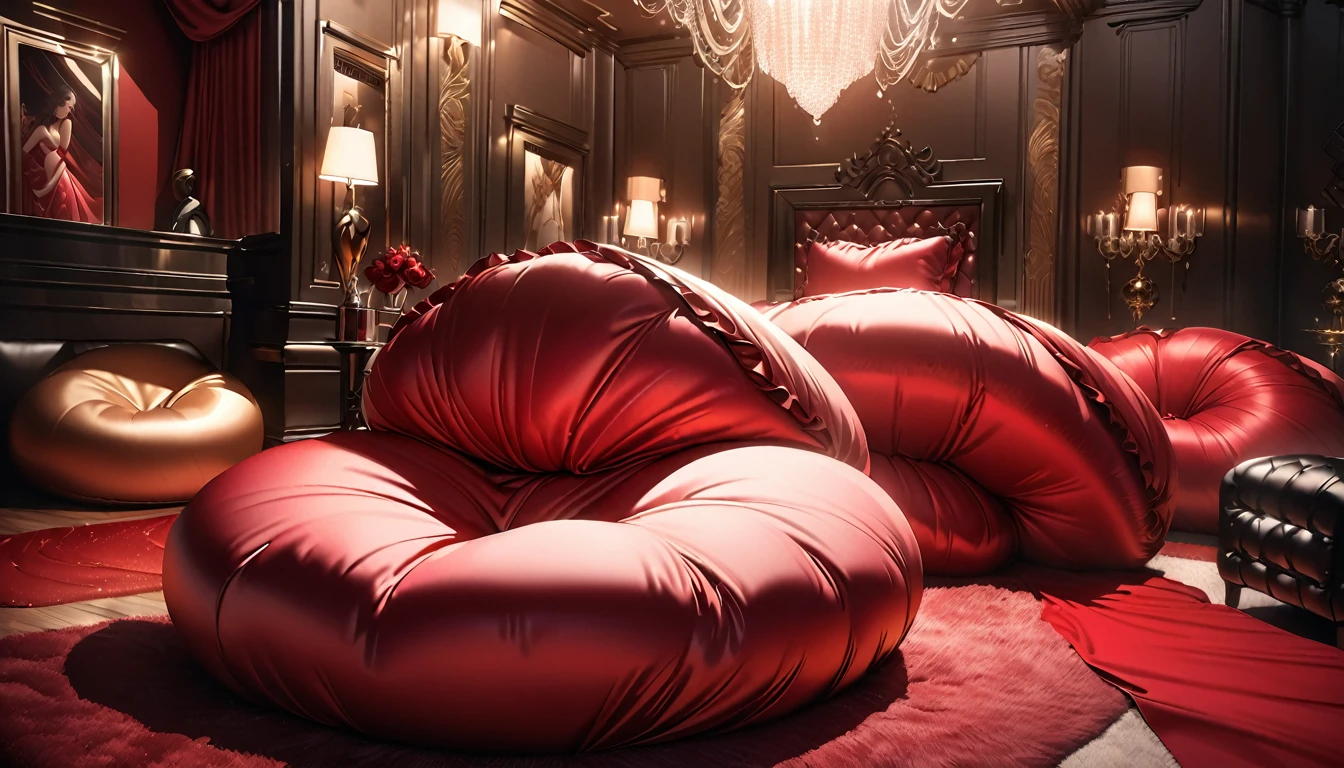 A fluffy red silk feather duvet, many huge silk body pillows, a luxurious and fluffy red silk bed, red silk sheets, 8k, best quality, high detailed, photorealistic, dramatic lighting, warm tones, luxurious, soft, plush, velvet, satin, velvety textures, elegant, sophisticated, premium, lavish, opulent, sumptuous, indulgent, exquisite, refined, lush,
