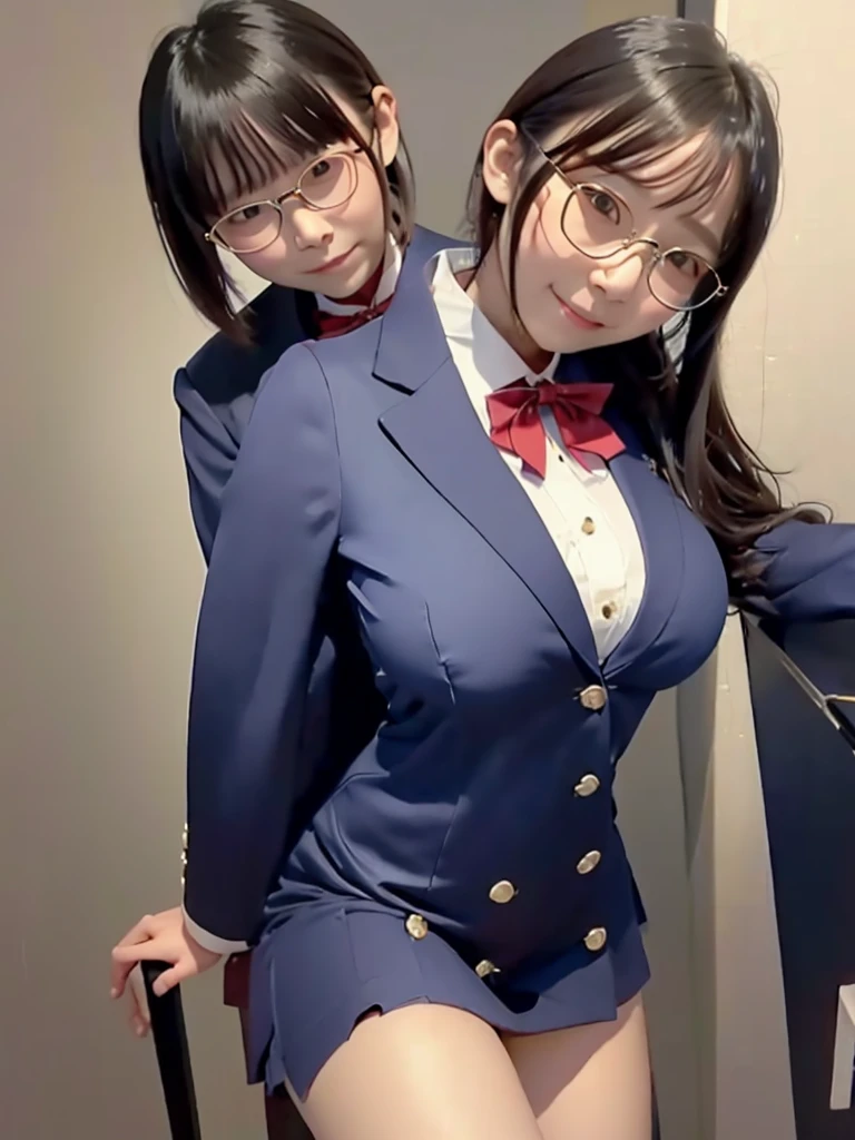 Highest quality、masterpiece、、Very detailed、Realistic、(Two Girls)、(Looking at me with a mischievous smile)、whole body、Small face、Narrow shoulders、(Big Breasts:1.4)、Thin and beautiful legs、Tight and slim waist、 uniform、(Navy blue blazer jacket)、(White shirt with buttons and collar:1.2)、(Navy blue mini skirt:1.1)、(Red bow tie)、Short Hair、(Leaning forward:1.6)、Glasses