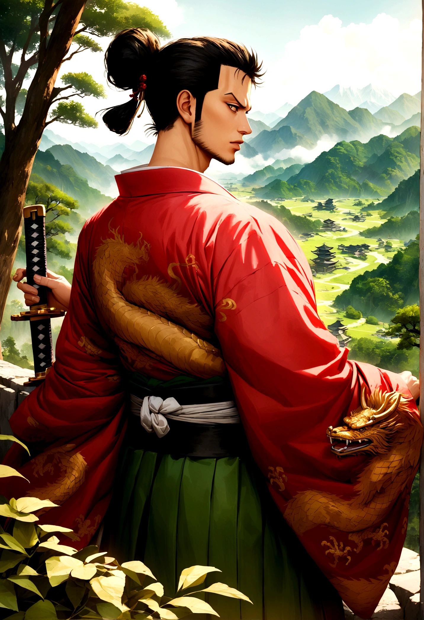 /imagine "Roronoa Zoro de one piece, the legendary swordsman with long, tied hair, wearing an intricately detailed Japanese kimono, his three katanas on his waist. It is in a lush landscape setting, surrounded by mountains and forests, next to a majestic Chinese dragon. The art must have anime features, be highly realistic and of exceptional quality, capturing every detail of the environment and characters with precision."