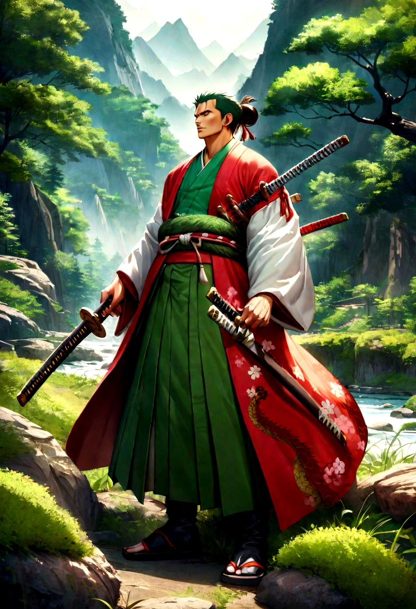 /imagine "Roronoa Zoro de one piece, the legendary swordsman with long, tied hair, wearing an intricately detailed Japanese kimono, his three katanas on his waist. It is in a lush landscape setting, surrounded by mountains and forests, next to a majestic Chinese dragon. The art must have anime features, be highly realistic and of exceptional quality, capturing every detail of the environment and characters with precision."