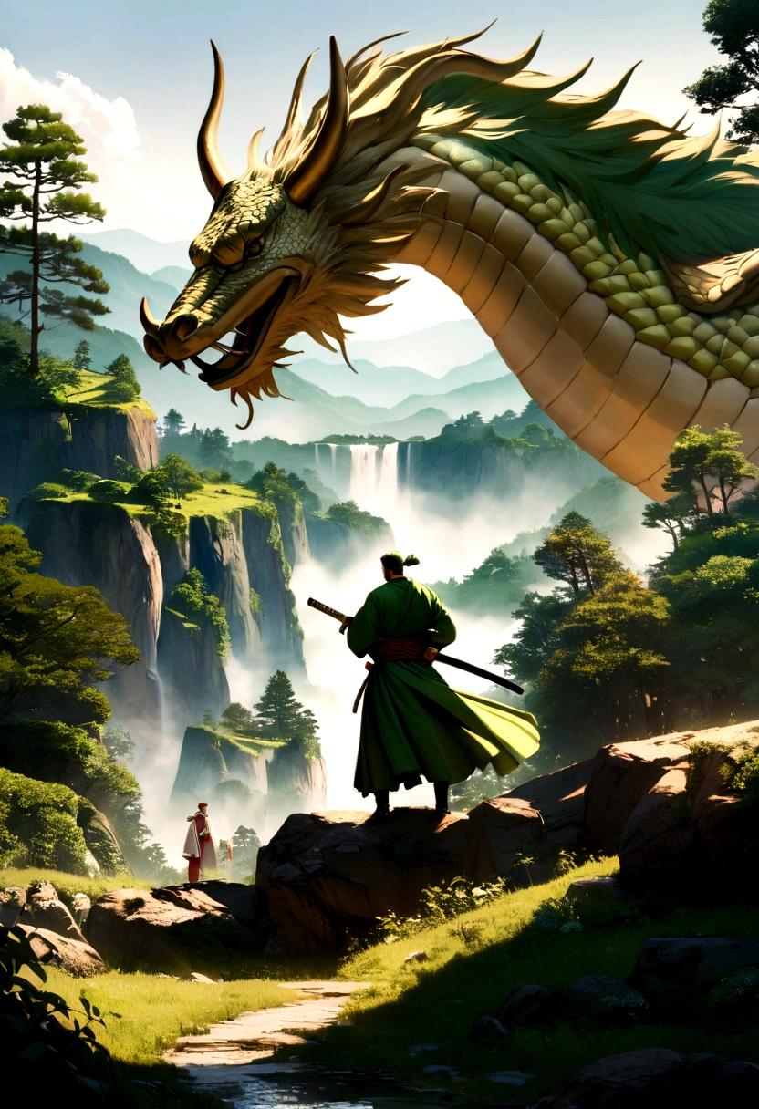 /imagine "Roronoa Zoro de one piece, the legendary swordsman with long, tied hair, wearing an intricately detailed Japanese kimono, his three katanas on his waist. It is in a lush landscape setting, surrounded by mountains and forests, next to a majestic Chinese dragon. The art must have anime features, be highly realistic and of exceptional quality, capturing every detail of the environment and characters with precision."