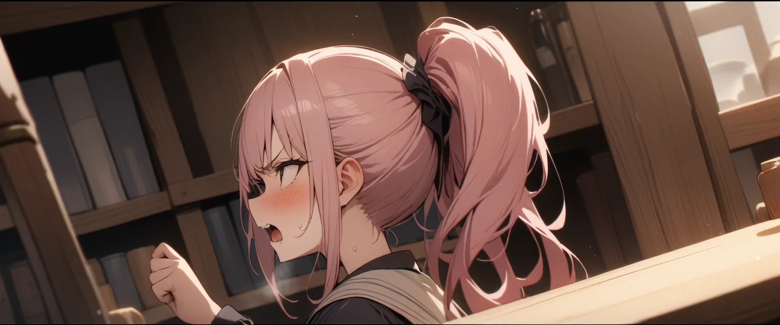 masterpiece, Highest quality, , Ultra-detailed, 8K resolution, One girl,ponytail、angry、Girl、pink、Shopkeeper's Daughter、Pawnbroker、Red hair 、アニメ screencap,Gag Manga