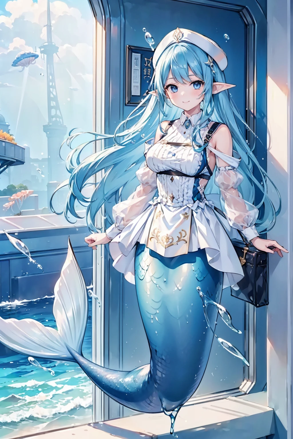 masterpiece, best quality,A girl,Blue Hair,White Dress,Ahoge,blue eyes, Elf ears,独奏,Large Breasts,Mermaid,蓝色的Mermaid尾巴,full-body shot,transportation facilities_against_window,blue theme, (in water:1.2), (air bubble:1.3), Inside the train, (surreal:1.2), (jellyfish:1.2), (whale:1.1),(fish:1.2),blurred foreground,charming face(Kawaii, charming,Soft),Looking at the audience,Smile