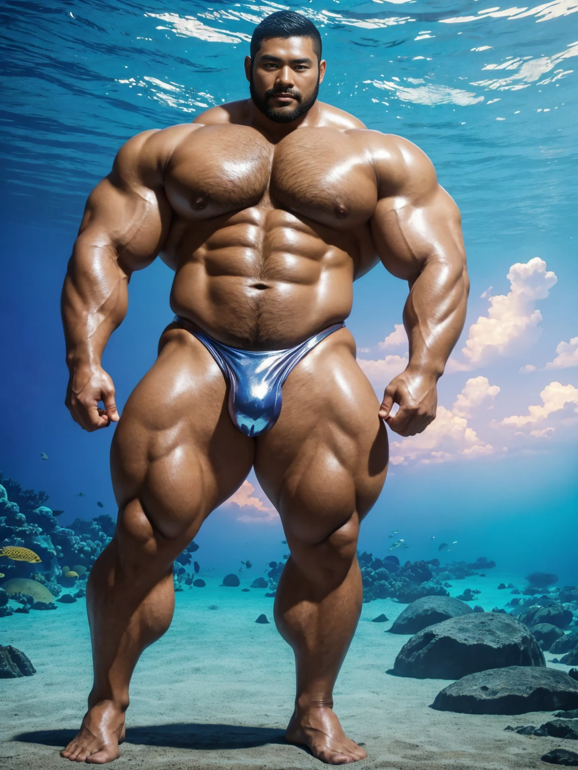 There is only one handsome Asian actor in the photo,35 years old,High target, Fitness,short hair, O-Shaped Beard,Perfect body, Dark skin color,Radiant Skin,Smooth skin,Shiny, shiny skin,Smooth pectoral muscles,No chest hair,No body hair,Muscle bulge, muscular, Very large pectoral muscles,Very y abdominal muscles,Very well-developed leg muscles,Huge concave and convex area,Brightens oily skin,Wearing a shiny silver leather thong,Handsome face,Wearing silver-gold leather socks,Correct and accurate male body proportions, standing under the sea。