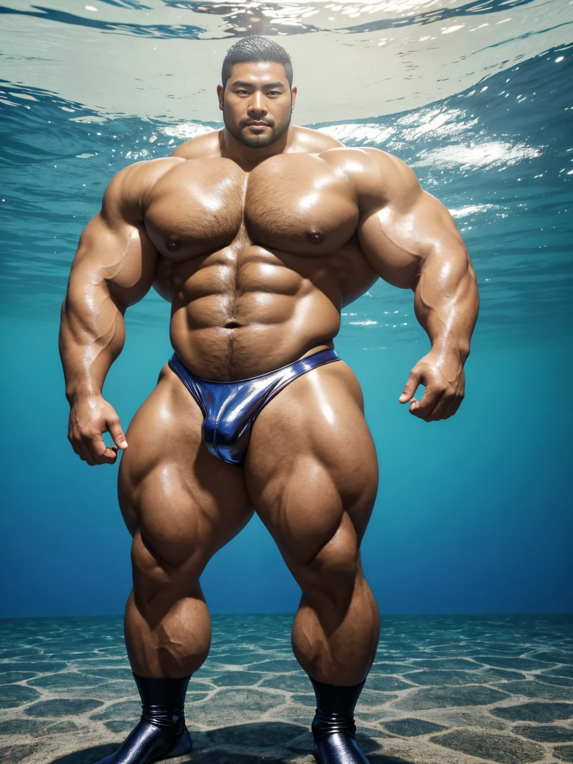 There is only one handsome Asian actor in the photo,35 years old,High target, Fitness,short hair, O-Shaped Beard,Perfect body, Dark skin color,Radiant Skin,Smooth skin,Shiny, shiny skin,Smooth pectoral muscles,No chest hair,No body hair,Muscle bulge, muscular, Very large pectoral muscles,Very sexy abdominal muscles,Very well-developed leg muscles,Huge concave and convex area,Brightens oily skin,Wearing a shiny silver leather thong,Handsome face,Wearing silver-gold leather socks,Correct and accurate male body proportions, standing under the sea。
