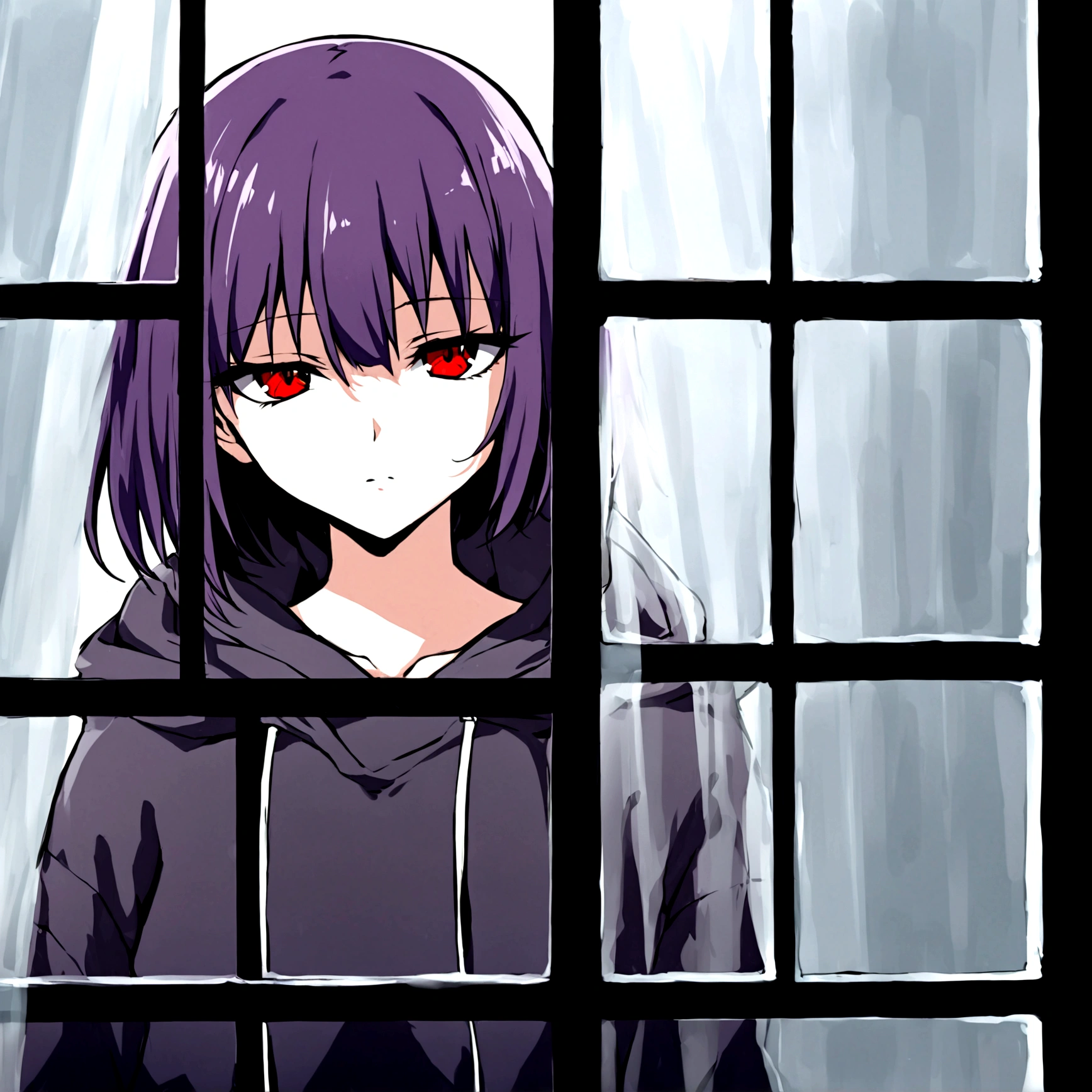 1girl, girl looking in the distance through a window, no light in the room, night outside, shot from the outside of the window, no expression, no emotion, baggy hoodie and sweatpants, dark gothic makeup, small dark circles around eyes, red eyes, dark purple hair, short, covers the right eye, anime, creative composition, dramatic lighting, --ar 16:9 --niji 5