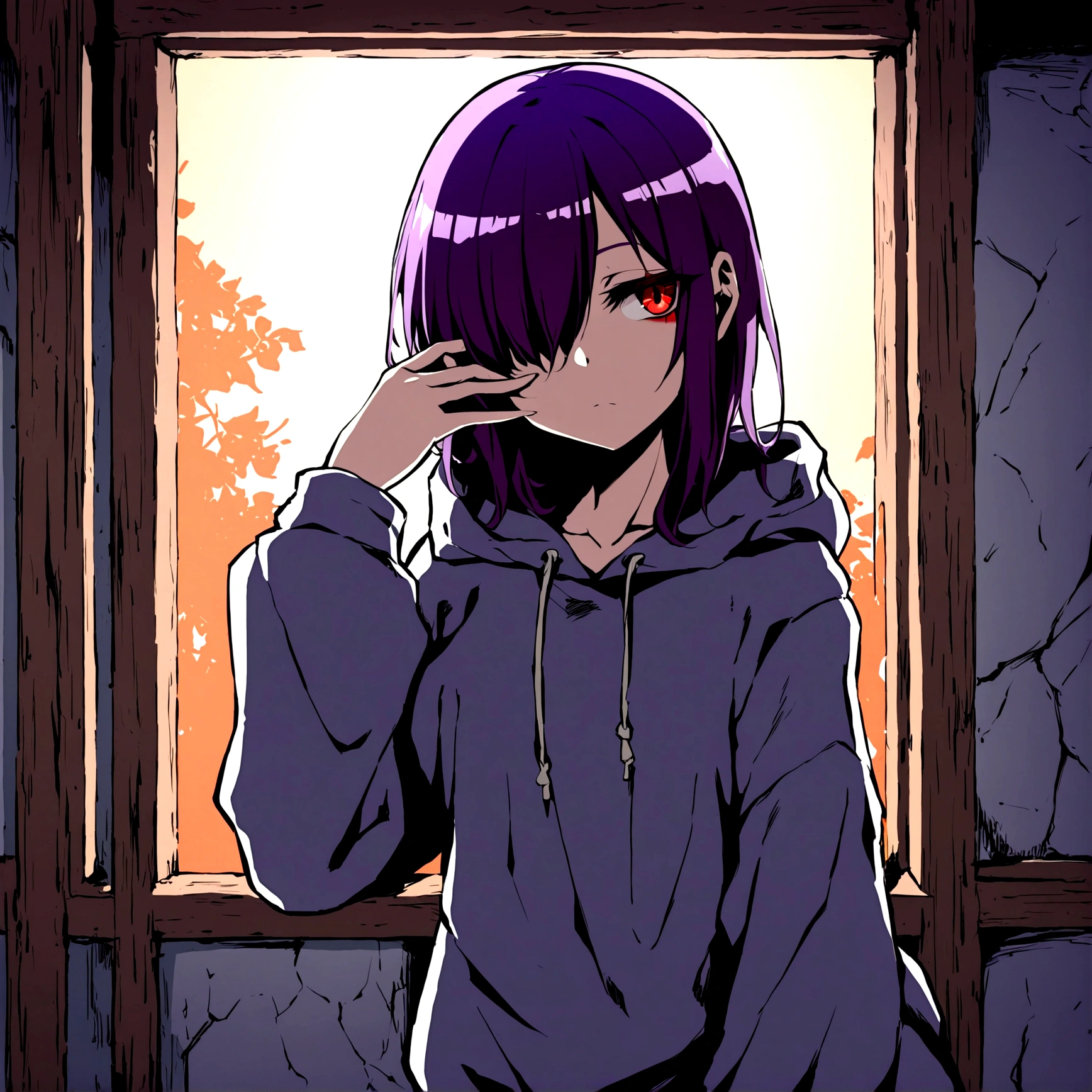 1girl, girl looking in the distance through a window, no light in the room, night outside, shot from the outside of the window, no expression, no emotion, baggy hoodie and sweatpants, dark gothic makeup, small dark circles around eyes, red eyes, dark purple hair, short, covers the right eye, anime, creative composition, dramatic lighting, --ar 16:9 --niji 5