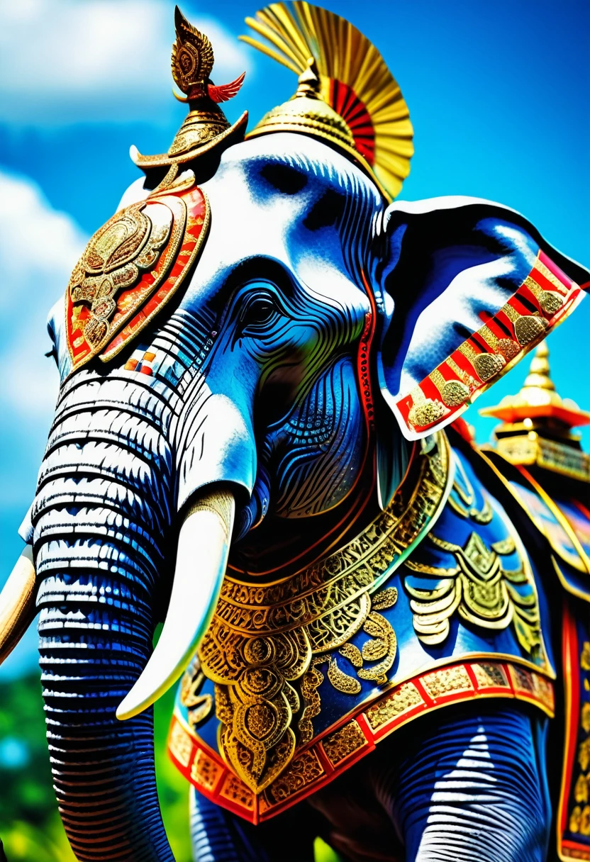 Brightly colored war elephant wearing ancient warrior armor. Full body image with beautiful Thai patterns decorated on the body, sparkling with beautiful silver, beautiful background view. Ultra 8K resolution macro lens, realistic images