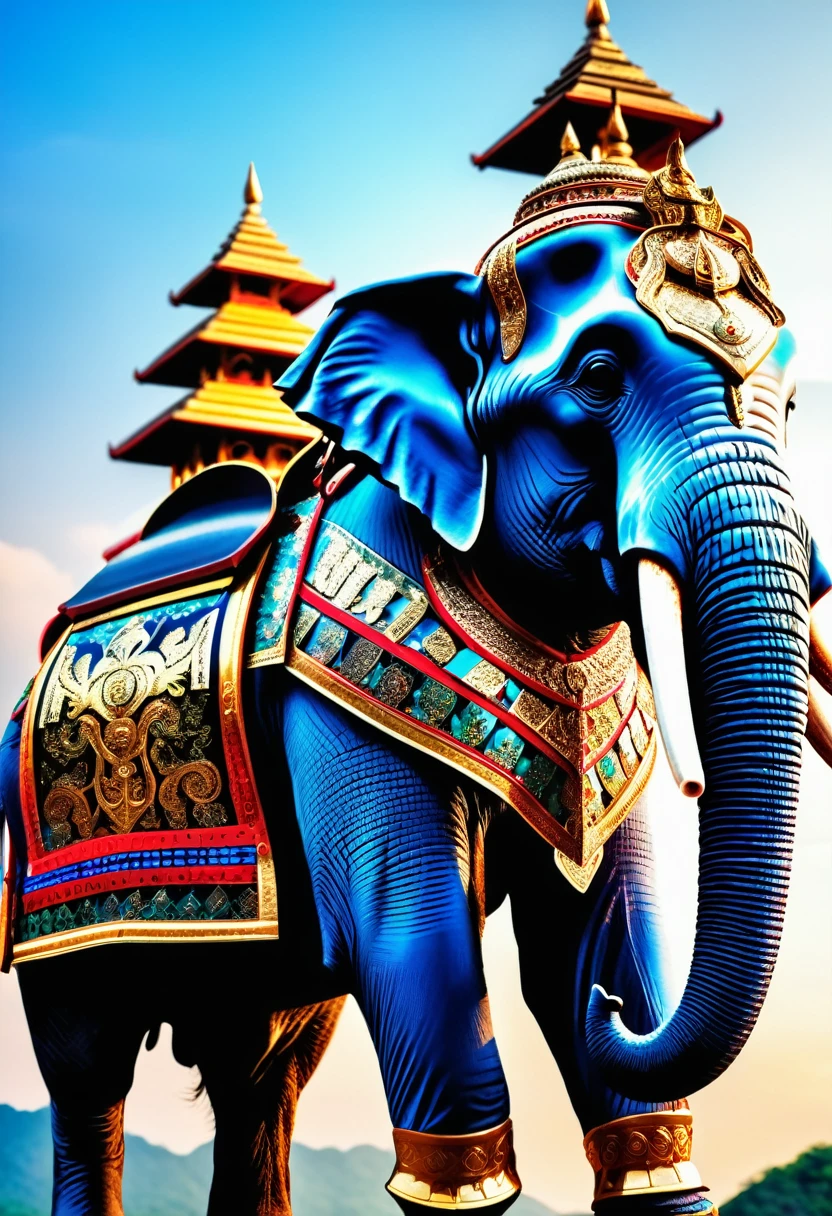 Brightly colored war elephant wearing ancient warrior armor. Full body image with beautiful Thai patterns decorated on the body, sparkling with beautiful silver, beautiful background view. Ultra 8K resolution macro lens, realistic images