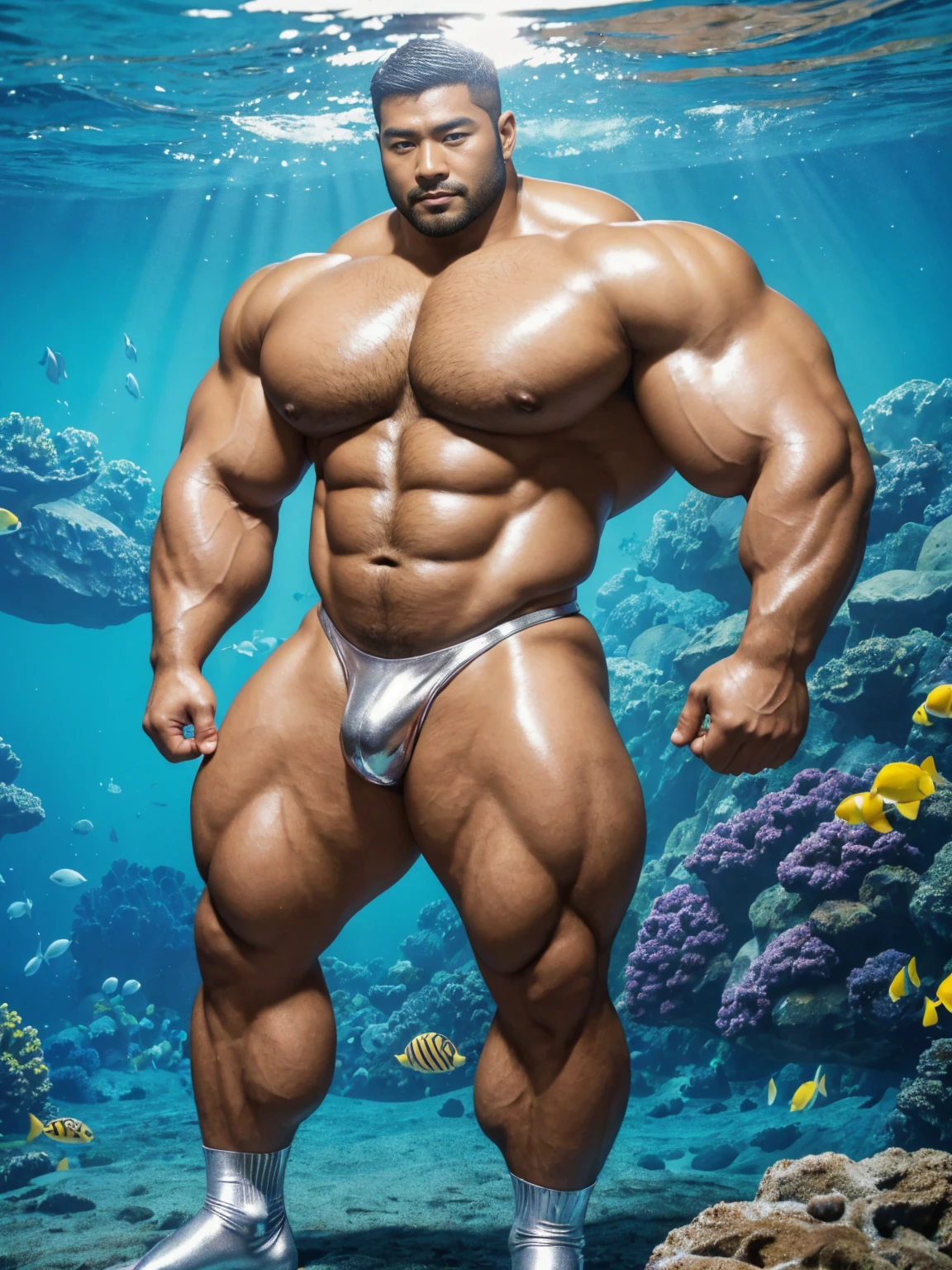 There is only one handsome Asian actor in the photo,35 years old,High target, Fitness,short hair, O-Shaped Beard,Perfect body, Dark skin color,Radiant Skin,Smooth skin,Shiny, shiny skin,Smooth pectoral muscles,No chest hair,No body hair,Muscle bulge, muscular, Very large pectoral muscles,Very sexy abdominal muscles,Very well-developed leg muscles,Huge concave and convex area,Brightens oily skin,Wearing a shiny silver leather thong,Handsome face,Wearing silver-gold leather socks,Correct and accurate male body proportions, standing under the sea。