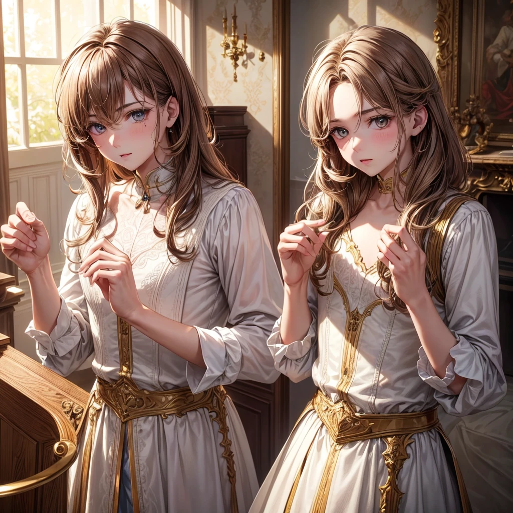 Excellent quality, Masterpiece. Two MEN twins, short and messy light brown hair, big golden eyes, very pale. high quality, 4k, 8k