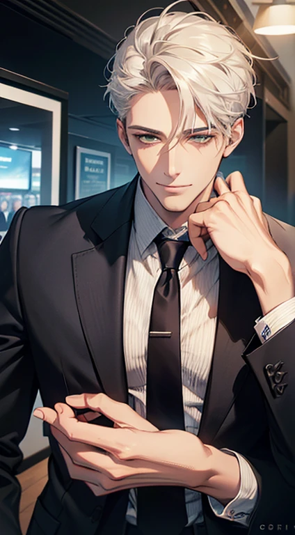 (Highest quality,4K,8K,High resolution,masterpiece:1.2),Super detailed,(Realistic,photoRealistic,photo-Realistic:1.37),1 person,34 years old,Mature Men,Beautiful skin、very handsome,Expressionless smile in love,Short white hair,green eyes,Sharp Eyes,A perfect face without a doubt,Businessman, CEO, Office Background,Cinema Lighting,HDR image,tie、
