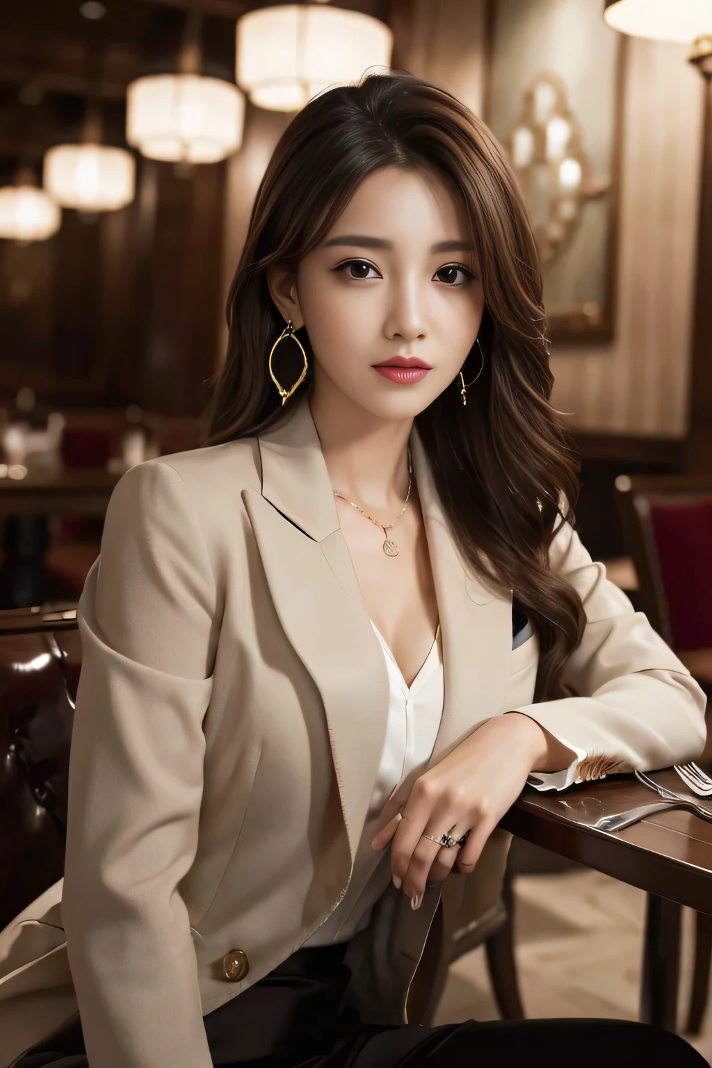 masterpiece, Highest quality, Realistic, Very detailed, Finer details, High resolution, 8k wallpaper, One beautiful woman, Wear a nice suit, In a great restaurant, At night, Light brown messy hair, Perfect dynamic composition, Beautiful and beautiful eyes、Big earrings、Sit on a chair、