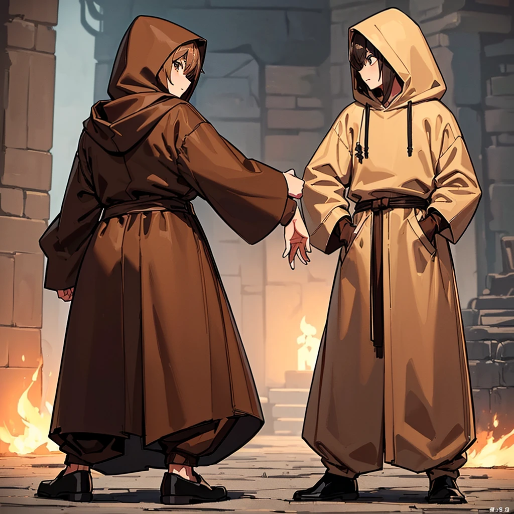 (Full body character concept)、((((behindから、behind姿、behind))))、(((Wear a brown hood)))、(((Long sleeve、Brown robes、pants、Black shoes)))、Best illustrations、Best Quality、(23 years old)、Medieval Fantasy、Fighting stance