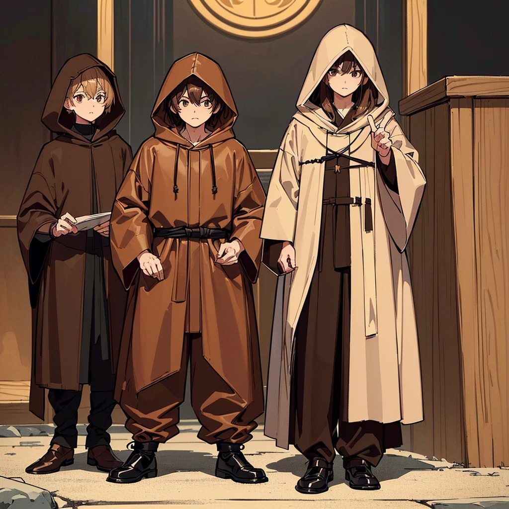 (Full body character concept)、((((behindから、behind姿、behind))))、(((Wear a brown hood)))、(((Long sleeve、Brown robes、pants、Black shoes)))、Best illustrations、Best Quality、(23 years old)、Medieval Fantasy、Fighting stance