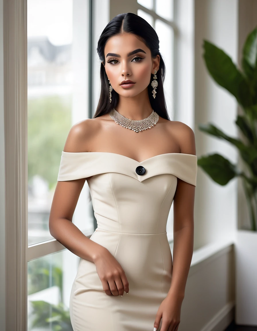 This image showcases a captivating young woman exuding confidence and style. Her long, dark hair frames her face, drawing attention to her piercing gaze as she looks directly at the camera. She's wearing a chic, form-fitting cream dress with an off-the-shoulder design, its sleek silhouette accentuating her elegant figure. The dress is adorned with black buttons, adding a subtle contrast and a touch of classic design to the contemporary look. Her makeup is applied with a light hand, enhancing her natural beauty rather than overpowering it. Delicate earrings complete her ensemble, adding a hint of sophistication. The setting is equally stylish - a modern, well-lit indoor space featuring elements of greenery and large windows, creating an atmosphere of fresh, contemporary elegance that complements the woman's poised presence.