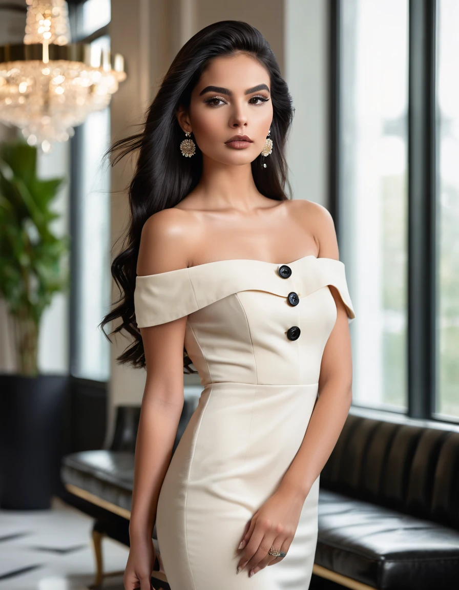 This image showcases a captivating young woman exuding confidence and style. Her long, dark hair frames her face, drawing attention to her piercing gaze as she looks directly at the camera. She's wearing a chic, form-fitting cream dress with an off-the-shoulder design, its sleek silhouette accentuating her elegant figure. The dress is adorned with black buttons, adding a subtle contrast and a touch of classic design to the contemporary look. Her makeup is applied with a light hand, enhancing her natural beauty rather than overpowering it. Delicate earrings complete her ensemble, adding a hint of sophistication. The setting is equally stylish - a modern, well-lit indoor space featuring elements of greenery and large windows, creating an atmosphere of fresh, contemporary elegance that complements the woman's poised presence.