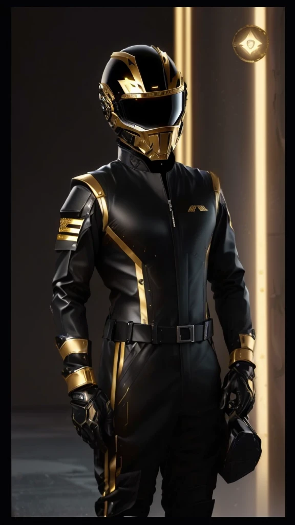 a close-up of a person in a black and gold suit, black and gold armor, gilded black uniform, black and gold armor, sleek gold armor, gold armour suit, Focus on black pilot costume, leather armored, leather pilots uniform, varia suit, uniforme avant designer, leather clothing under armor, roupas futuristas e capacete