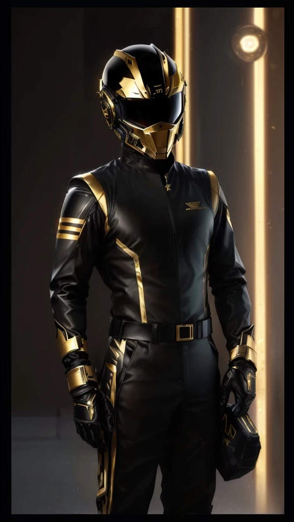 a close-up of a person in a black and gold suit, black and gold armor, gilded black uniform, black and gold armor, sleek gold armor, gold armour suit, Focus on black pilot costume, leather armored, leather pilots uniform, varia suit, uniforme avant designer, leather clothing under armor, roupas futuristas e capacete