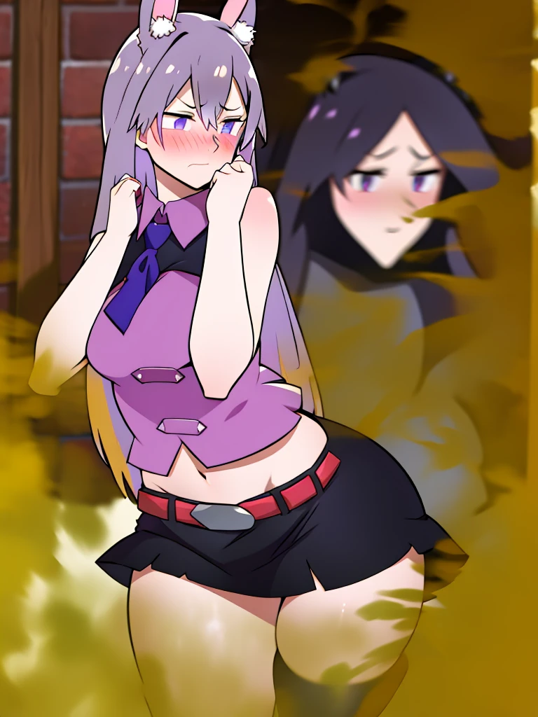 masterpiece, best quality, 1girl, purple hair, long hair, hime cut, blunt bangs, rabbit ears, animal ear fluff, purple eyes, pink shirt, black skirt, miniskirt, midriff, navel, single thighhigh, asymmetrical legwear, belt, brown belt, blush, angry, looking at viewer, gloves, black gloves, facing away from camera