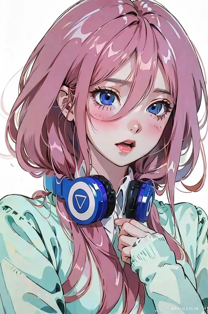 best quality, masterpiece, highres, solo, {nakano_miku_gotoubunnohanayome:1.15}, long_hair, brown_hair, bangs, hair_between_eyes, blue_eyes, headphones_around_neck, headphones, blush, closed_mouth, shiny_hair, 1girl, open_mouth, shirt, upper_body, white_shirt, brick_wall, long_sleeves, shiny