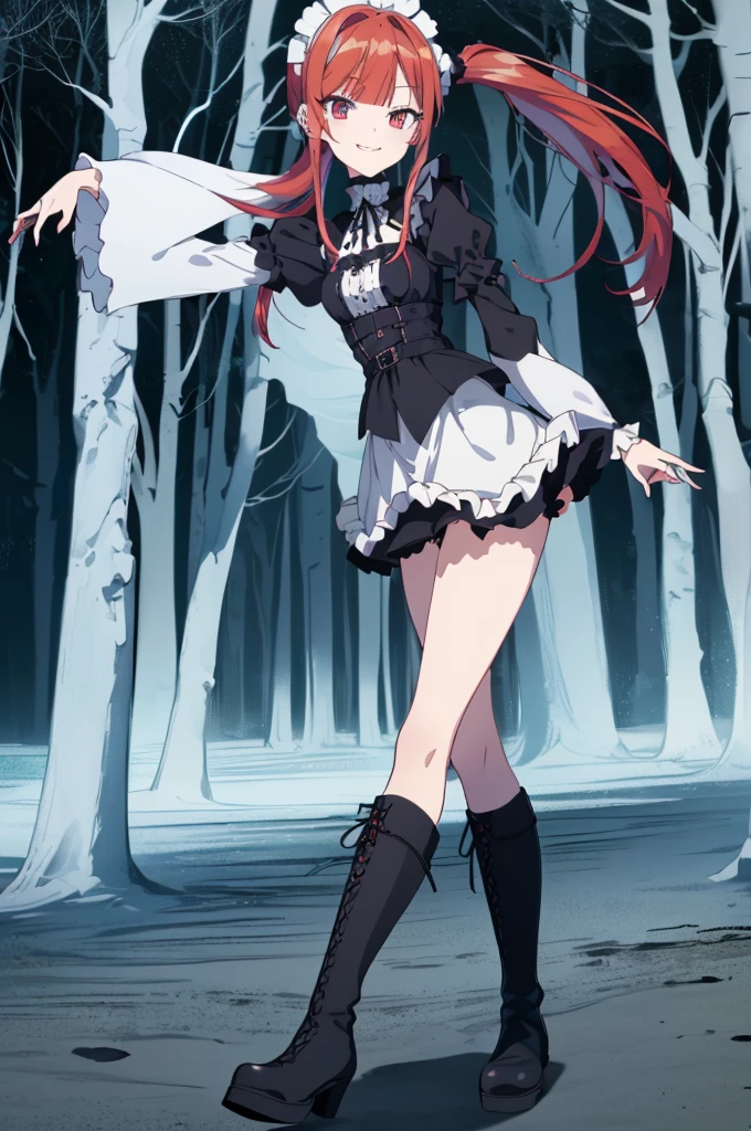 [(dark forest background:1.4)::5],original,(illustration:1.1),(best quality),(masterpiece:1.1),(extremely detailed CG unity 8k wallpaper:1.1), (colorful:0.9),(mid shot:0.95),(full body:1.5),Dynamic angle,(solo:1.2), (girl),((adult)), (detailed beautiful eyes:1.15), (beautiful face:1.15), (glowing red eyes:1.25////),((red medium hair)),(blunt bangs),(high twintails),(+perfect hand+:1.21),(Draw an illustration of a gothic girl),(Religious),(slender),(is wearing boots on her feet),((is wearing white maid clothes)),(furious), Lace Off-shoulder ta fashion,beautiful slender woman,((evil smile)),adult,thin legs,((red hair)),((mini skirt)),((mini skirt)),((black boots)),((black boots)),((black boots)),dynamic angle,dynamic pose,