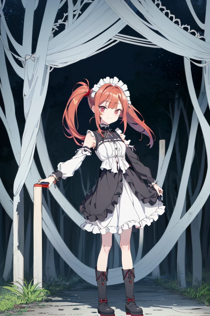 [(dark forest background:1.4)::5],original,(illustration:1.1),(best quality),(masterpiece:1.1),(extremely detailed CG unity 8k wallpaper:1.1), (colorful:0.9),(mid shot:0.95),(full body:1.5),Dynamic angle,(solo:1.2), (girl),((adult)), (detailed beautiful eyes:1.15), (beautiful face:1.15), (glowing red eyes:1.25////),((red medium hair)),(blunt bangs),(high twintails),(+perfect hand+:1.21),(Draw an illustration of a gothic girl),(Religious),(slender),(is wearing boots on her feet),((is wearing white maid clothes)),(furious), Lace Off-shoulder ta fashion,beautiful slender woman,((evil smile)),adult,thin legs,((red hair)),((mini skirt)),((mini skirt)),((black boots)),((black boots)),((black boots)),dynamic angle,dynamic pose,