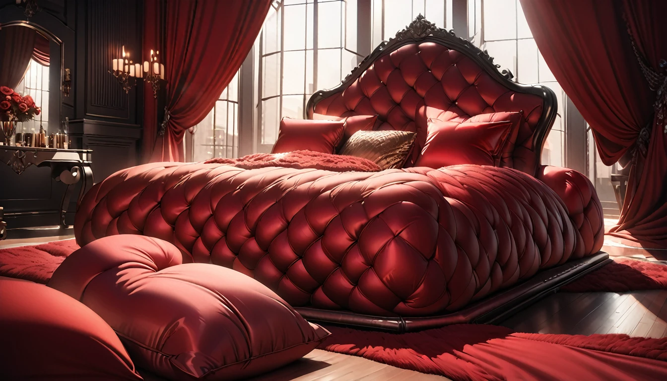 A fluffy red silk feather duvet, many huge silk body pillows, a luxurious and fluffy red silk bed, red silk sheets, 8k, best quality, high detailed, photorealistic, dramatic lighting, warm tones, luxurious, soft, plush, velvet, satin, velvety textures, elegant, sophisticated, premium, lavish, opulent, sumptuous, indulgent, exquisite, refined, lush,