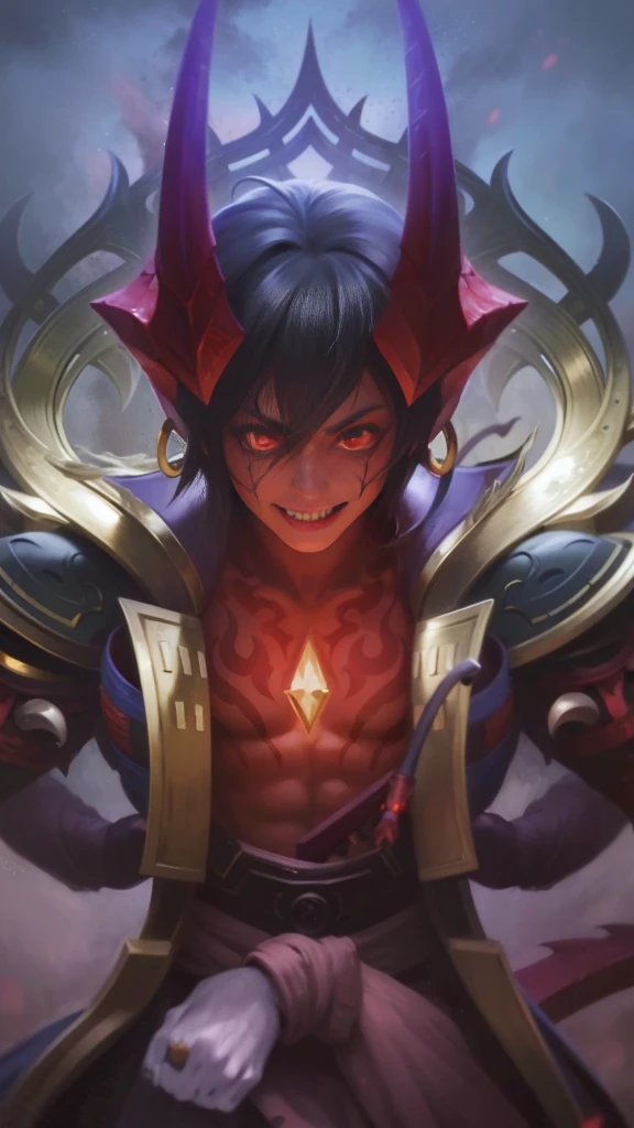 a close up of a person with a demonic face and a sword, Masterpiece, ultra HD, detailed all picture, a close up of a devil, dyrroth from mobile legend, evil, extremely detailed artgerm, mobile legends character, inspired by Dyrroth, Six pack chest and abs, yellow jewel above the chest, light red eyes, glare.