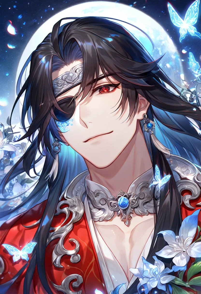 absurdres, highres, ultra detailed, HDR, master piece, Hua Cheng, black long hair, expressive red eye, black eye patch on his let eye, Heaven Official's Blessing, sexy man, handsome, best quality, blue moon, flowers, fantasy, magical, solo, water, blue shining fireflies, blue petals, red clothes, handsome smile, silver small butterflies, silver dust