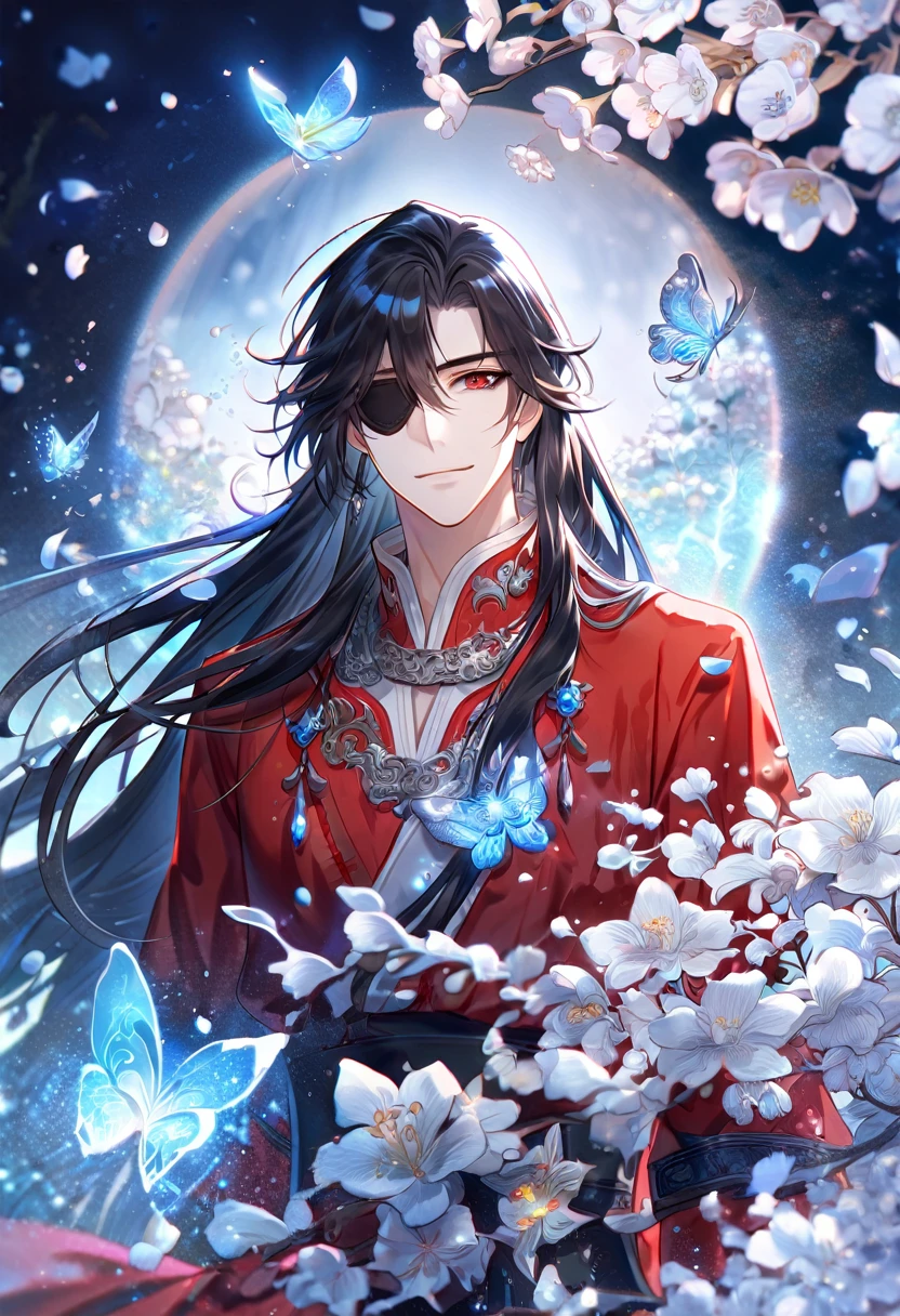 absurdres, highres, ultra detailed, HDR, master piece, Hua Cheng, black long hair, expressive red eye, black eye patch on his let eye, Heaven Official's Blessing, sexy man, handsome, best quality, blue moon, flowers, fantasy, magical, solo, water, blue shining fireflies, blue petals, red clothes, handsome smile, silver small butterflies, silver dust