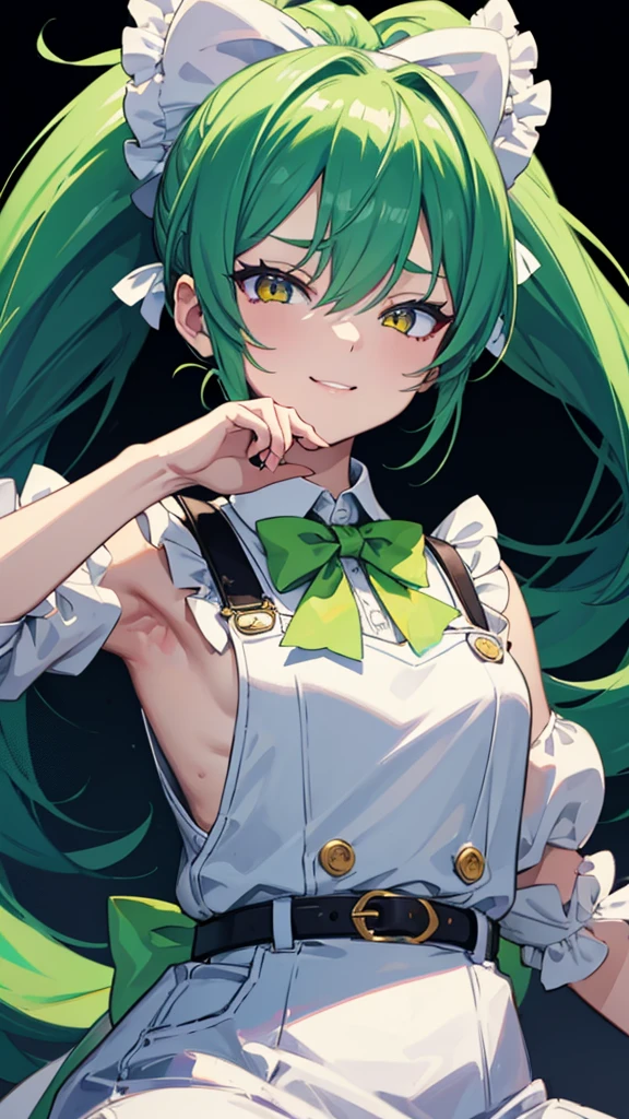 upper body,1girl,green hair,yellow eyes,long ponytail,white suit,green overalls,Purple bow tie,detailed face,central framing,mesugaki,hyper detailed,cinematic lighting,best quality,masterpiece,blue background