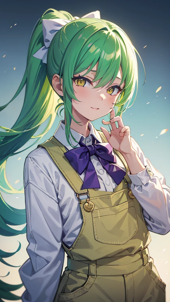 upper body,1girl,green hair,yellow eyes,long ponytail,white suit,green overalls,Purple bow tie,detailed face,central framing,mesugaki,hyper detailed,cinematic lighting,best quality,masterpiece,blue background