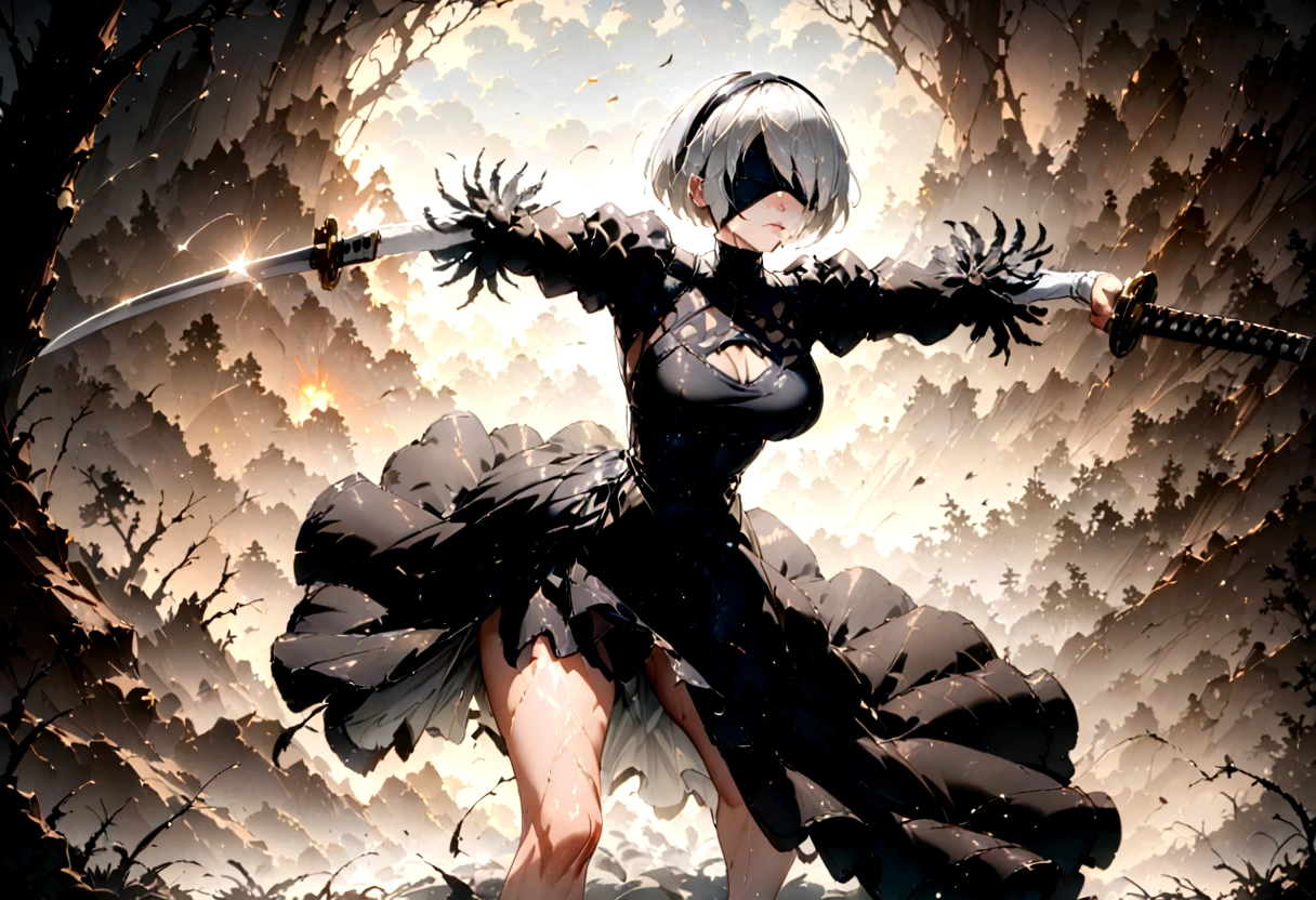 2b,(work of art), ultra detaild, White hair, black gown, Action, battle pose, standing with legs open, katana, wall-paper, destroyed forest background, SUNSET, smoke in the sky, sparks, serious facial expression, ideal female body, adult, opaque color palette, 真实感, ( realistic styling), perfect arms, detailed hands, perfect hand
